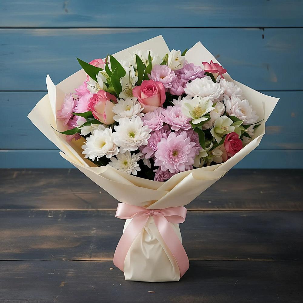 Букет цветов из: Хризантемы, Альстромерии и Розы в Озерске